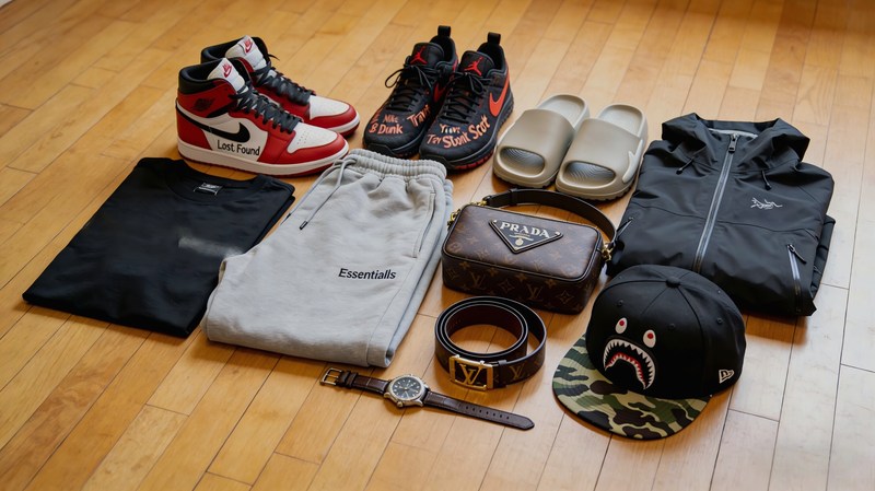 Rep Haul Holzboden — Jordan 1 Lost Found, Nike Dunk Travis, Prada Tasche, LV Gürtel, Bape Cap — Community QC